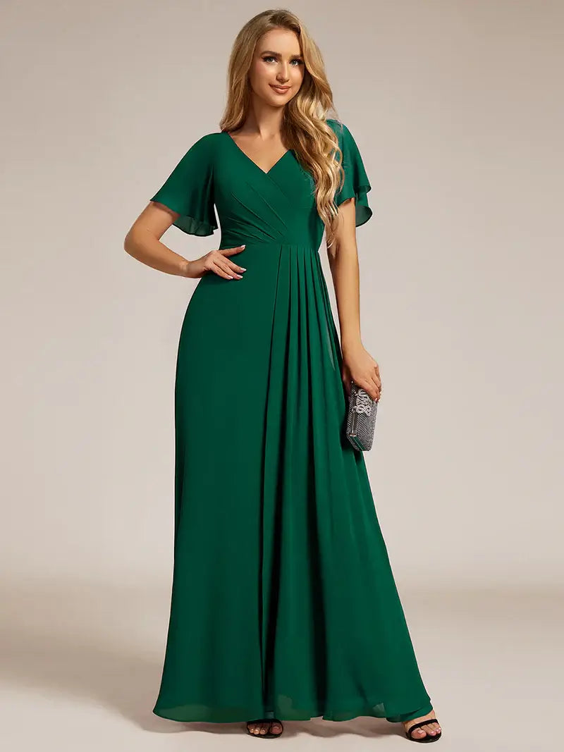 Elegant asymmetrical chiffon evening  dark green dress with lotus leaf ruffle sleeves and ruched empire waist