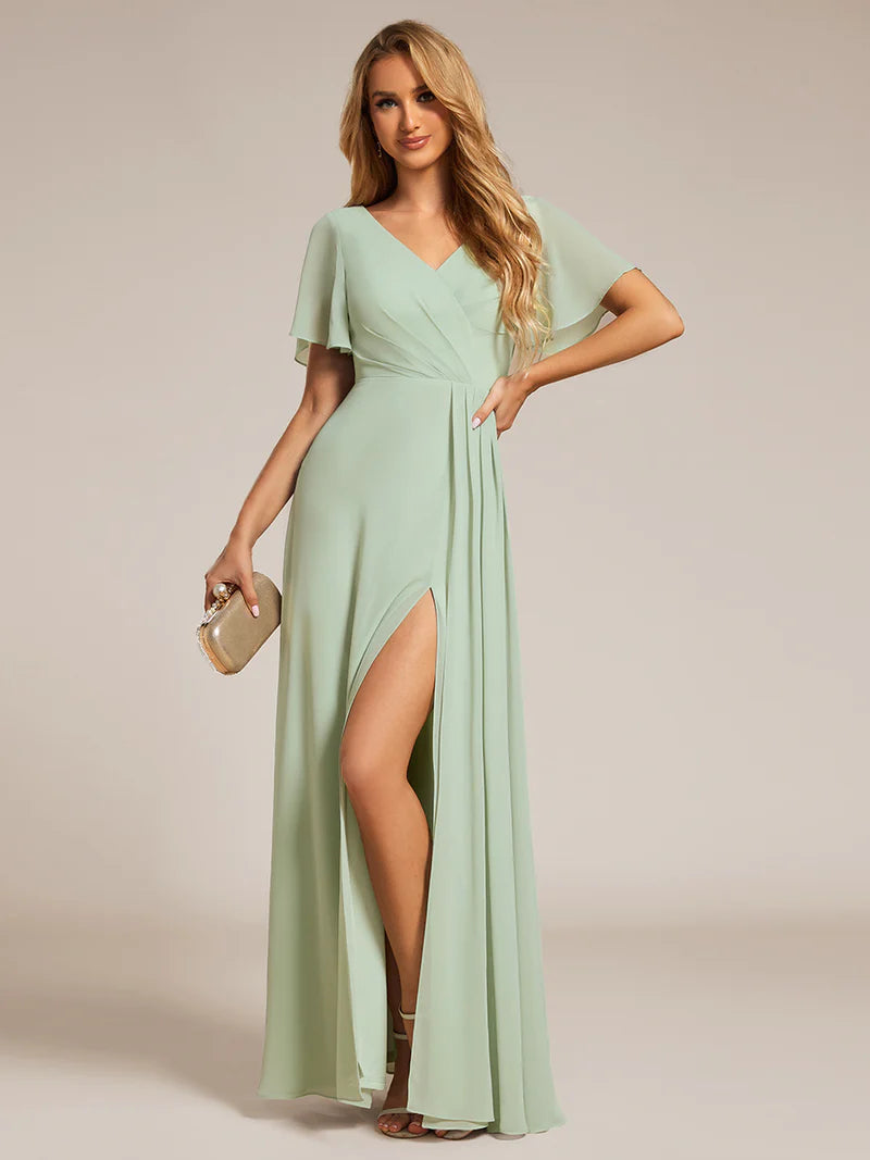 Elegant asymmetrical chiffon evening  mint green dress with lotus leaf ruffle sleeves and ruched empire waist