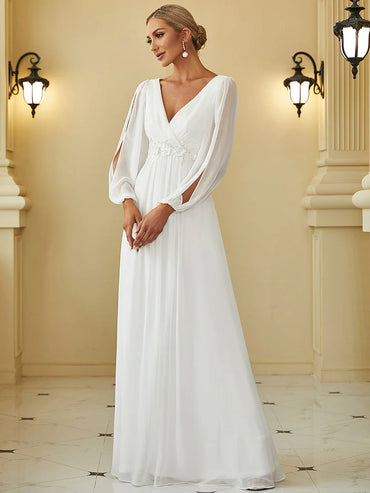 Elegant Cream Floor-Length Formal Dress with Long Lantern Sleeves