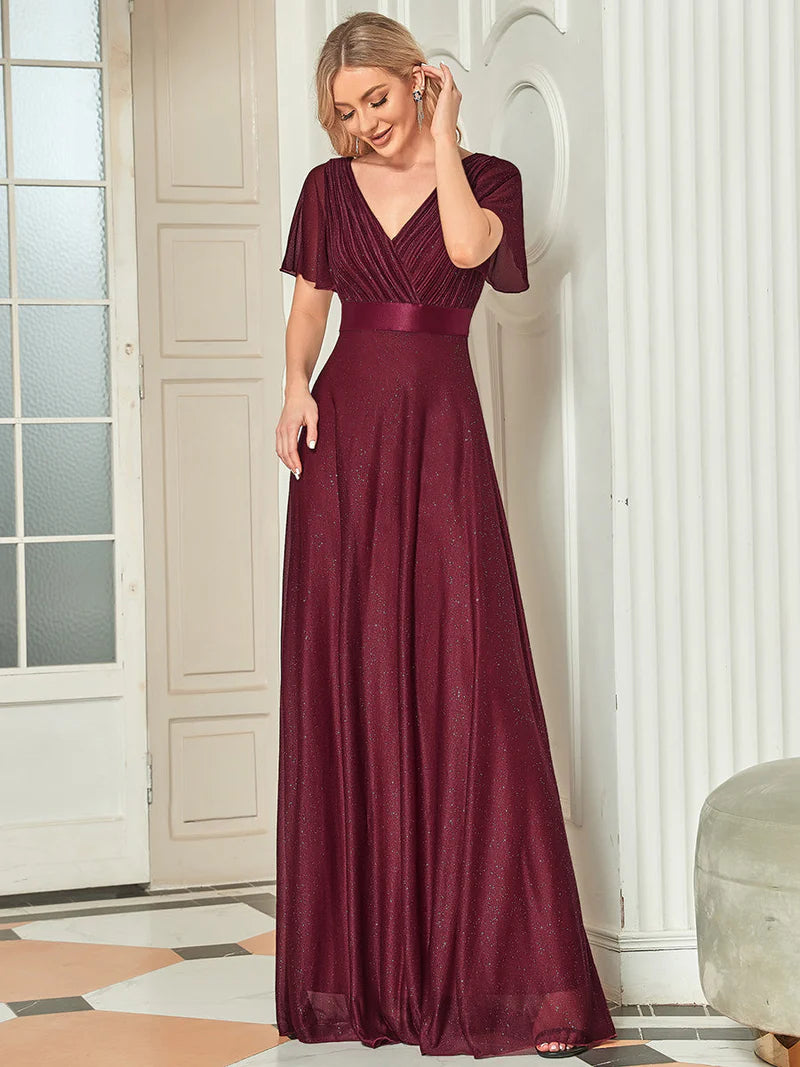 Elegant deep V-neck A-line evening burgundy dress with flowing ruffle sleeves