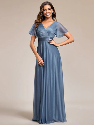 Elegant deep V-neck A-line evening dusty blue dress with flowing ruffle sleeves