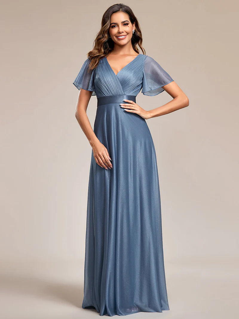 Elegant deep V-neck A-line evening dusty blue dress with flowing ruffle sleeves