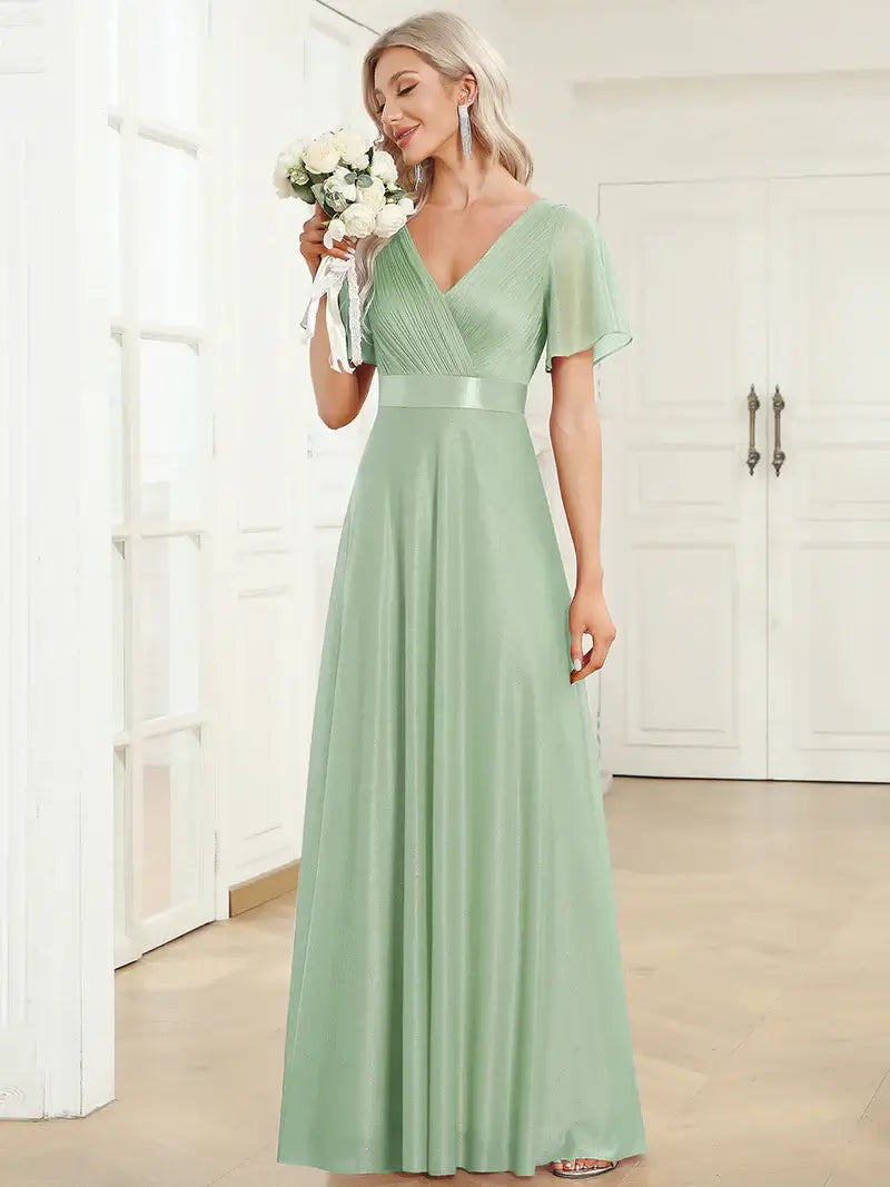Elegant deep V-neck A-line evening mint green dress with flowing ruffle sleeves