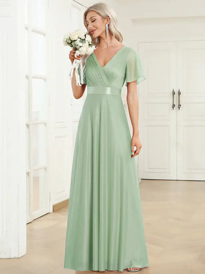 Elegant deep V-neck A-line evening mint green dress with flowing ruffle sleeves