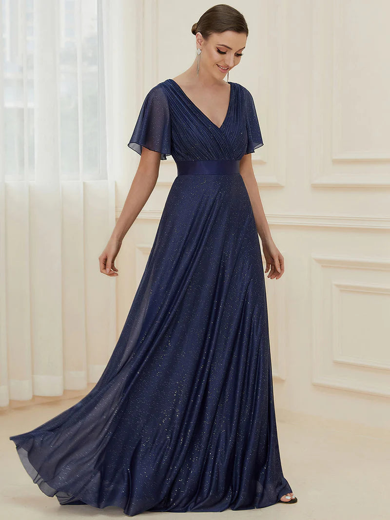 Elegant deep V-neck A-line evening navy blue dress with flowing ruffle sleeves