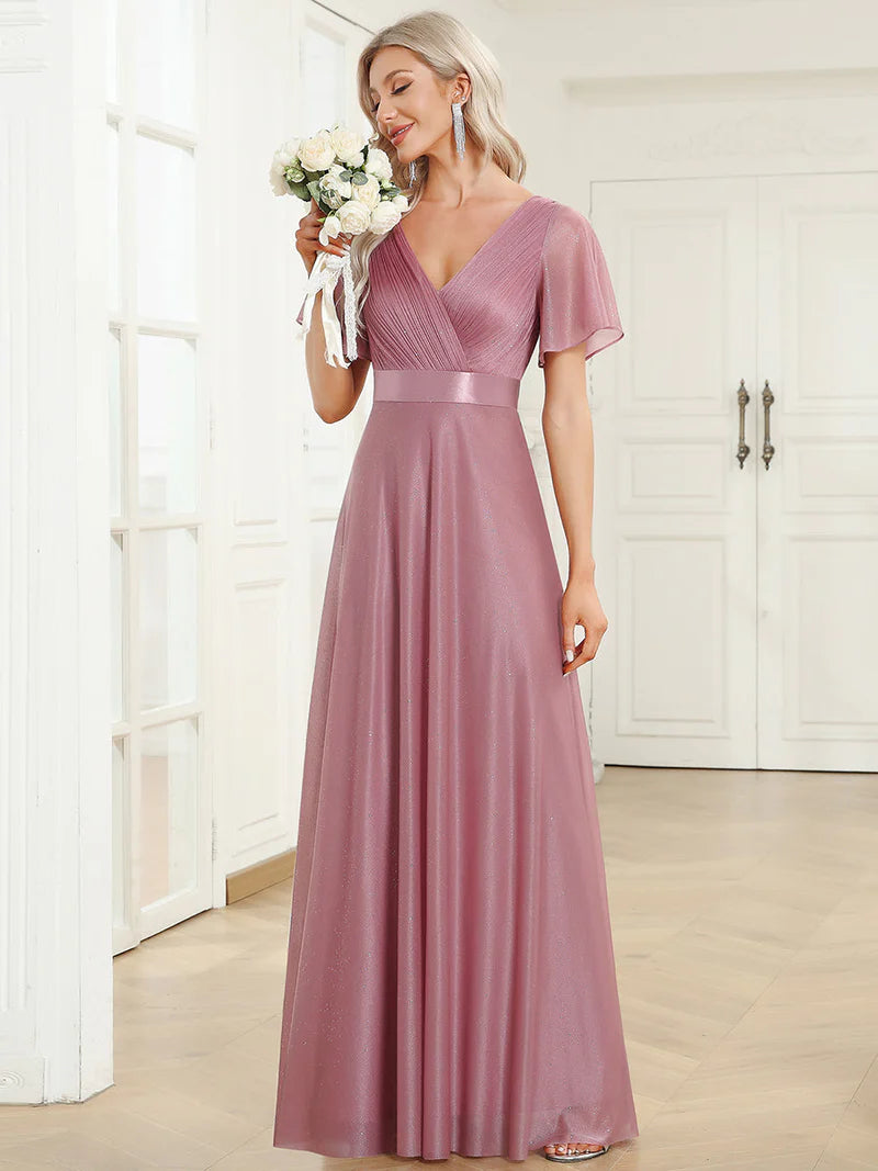 Elegant deep V-neck A-line evening orhid dress with flowing ruffle sleeves