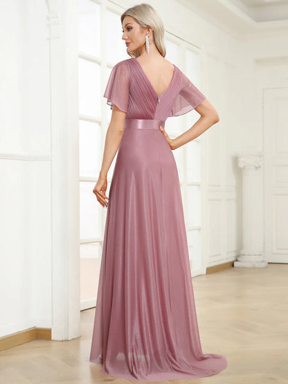 Elegant deep V-neck A-line evening orhid dress with flowing ruffle sleeves