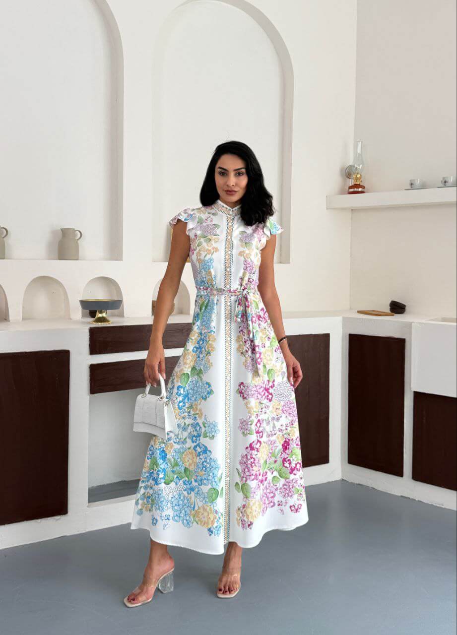 Elegant floral print midi dress with cap sleeves and belted waistline