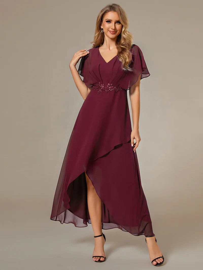 Elegant high-low chiffon evening burgundy dress with floral appliqué and short sleeves