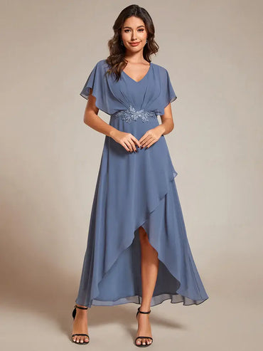 Elegant high-low chiffon evening dusty blue dress with floral appliqué and short sleeves