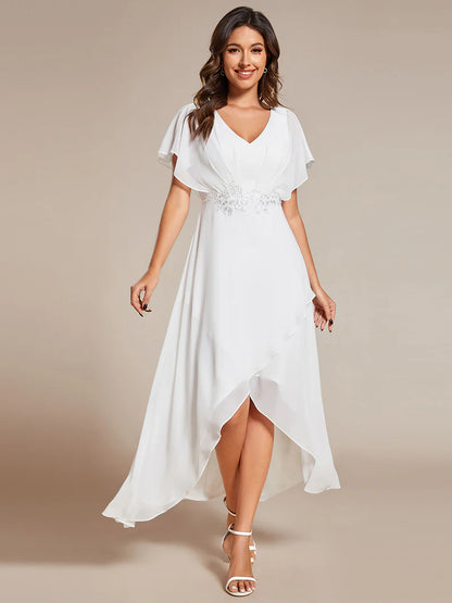 Elegant high-low chiffon evening white dress with floral appliqué and short sleeves