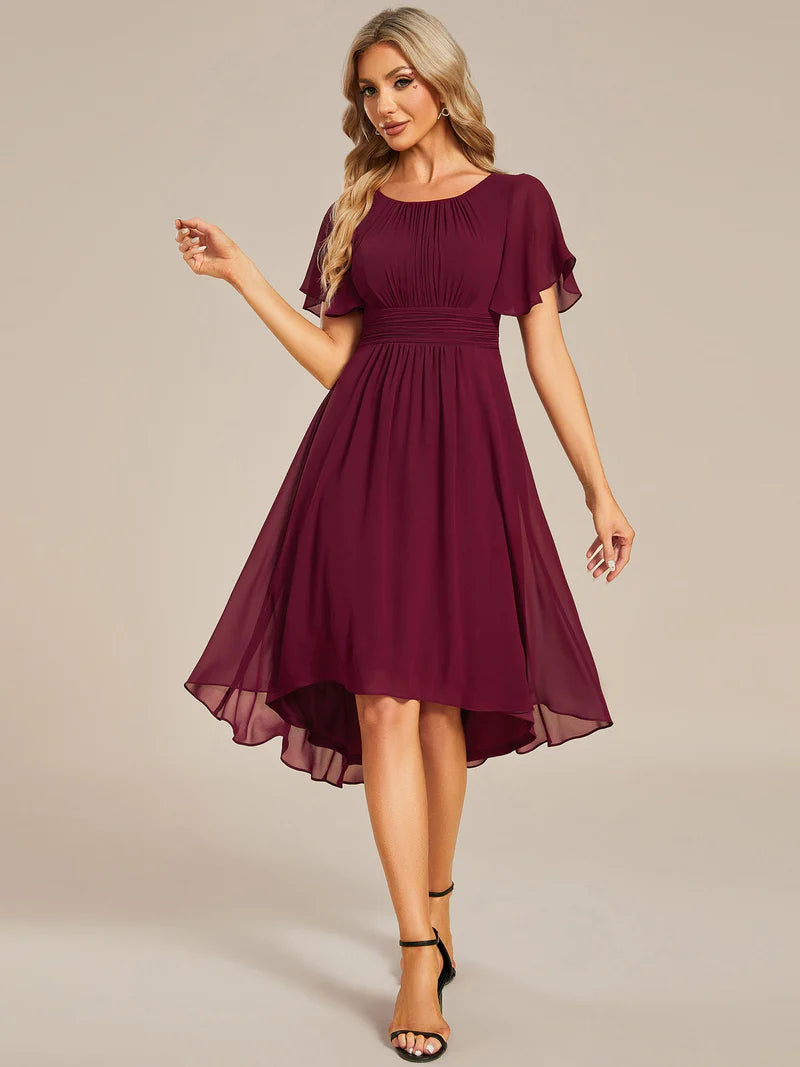 Elegant knee-length A-line wedding guest burgundy dress with lotus leaf pleated design