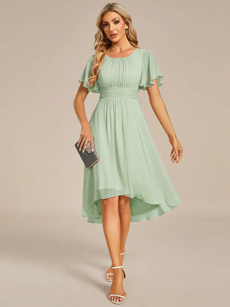 Elegant knee-length A-line wedding guest mint green dress with lotus leaf pleated design