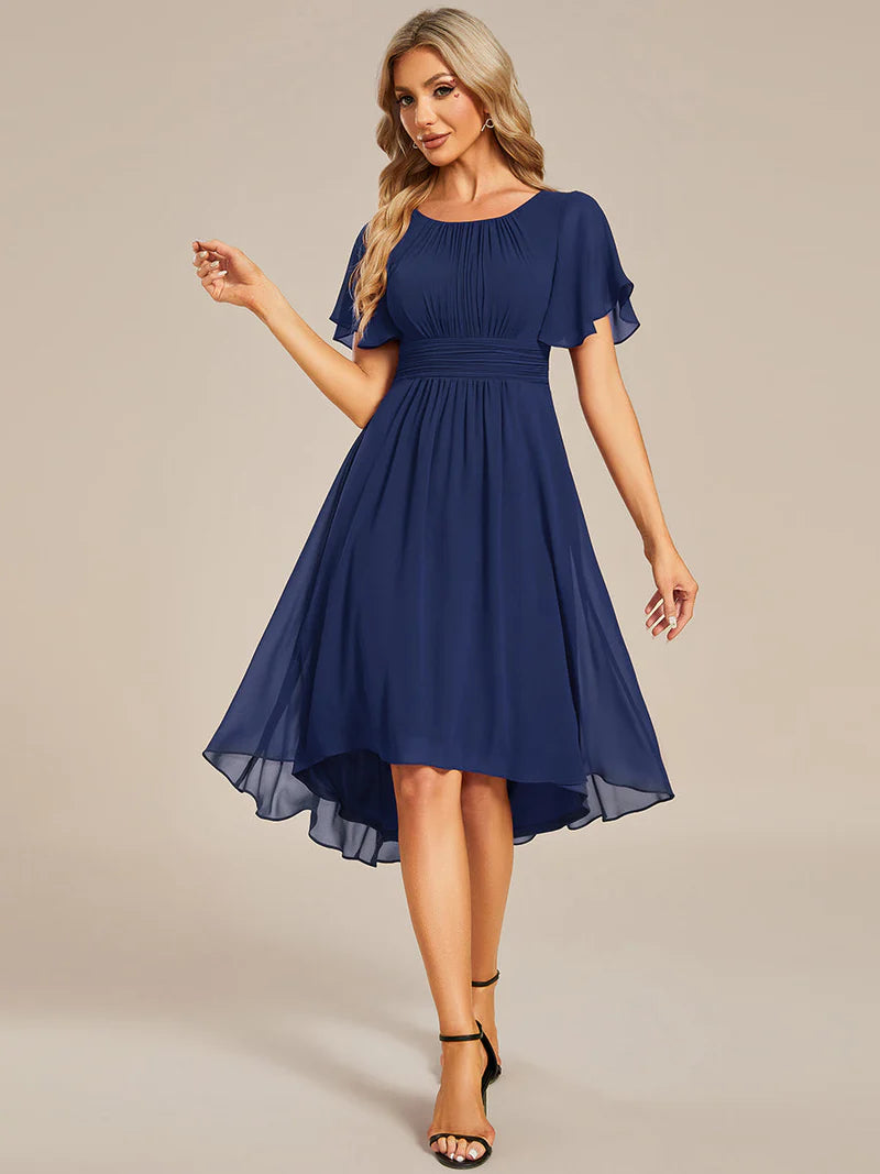 Elegant knee-length A-line wedding guest navy blue dress with lotus leaf pleated design