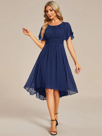 Elegant knee-length A-line wedding guest navy blue dress with lotus leaf pleated design