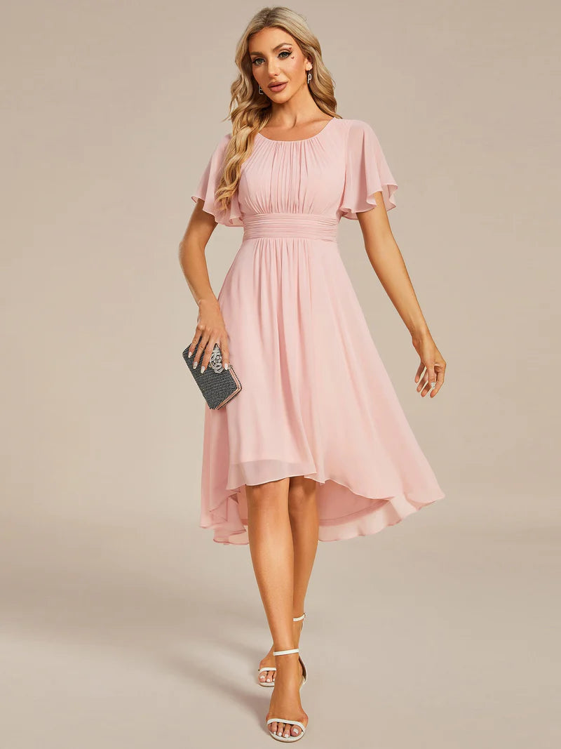 Elegant knee-length A-line wedding guest pink dress with lotus leaf pleated design