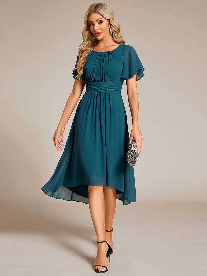 Elegant knee-length A-line wedding guest teal dress with lotus leaf pleated design