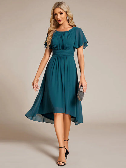 Elegant knee-length A-line wedding guest teal dress with lotus leaf pleated design