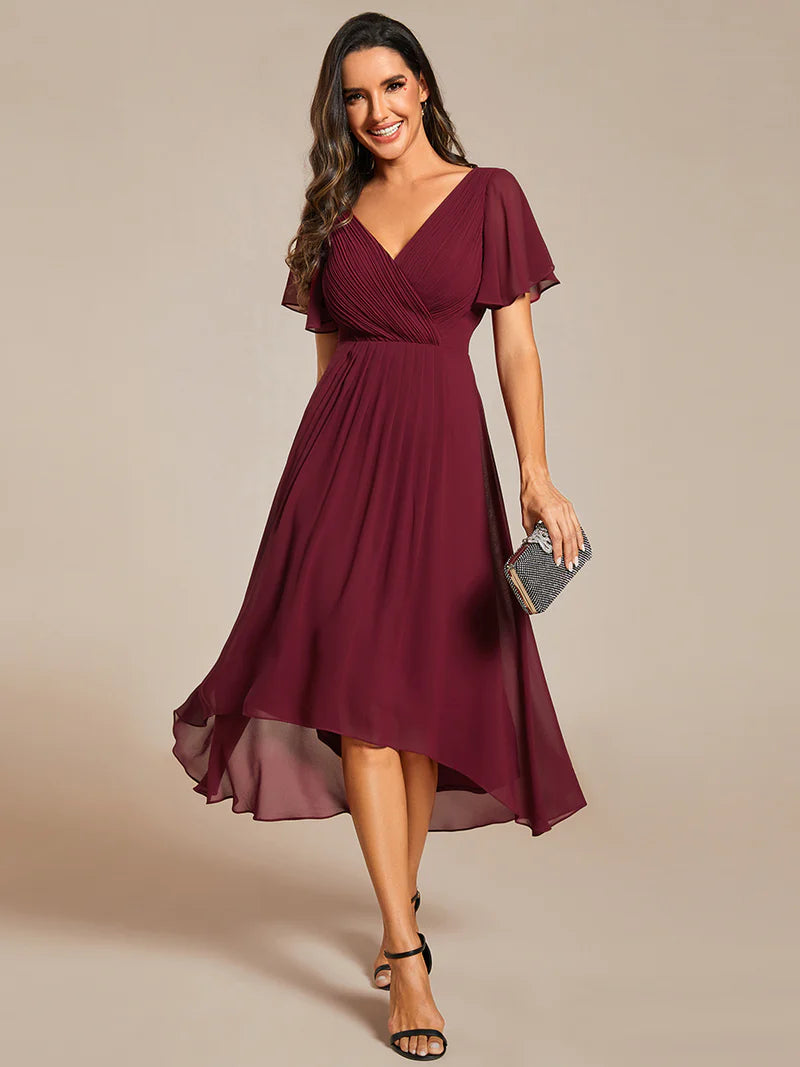 Elegant chiffon wedding guest burgundy dress with pleated skirt and ruffle accents