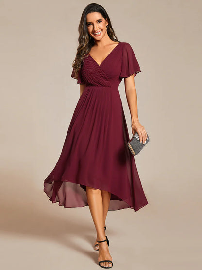 Elegant chiffon wedding guest burgundy dress with pleated skirt and ruffle accents