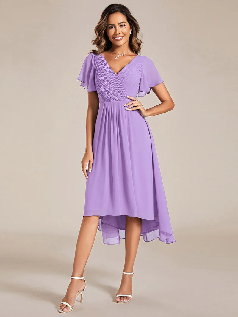 Elegant chiffon wedding guest lavender dress with pleated skirt and ruffle accents