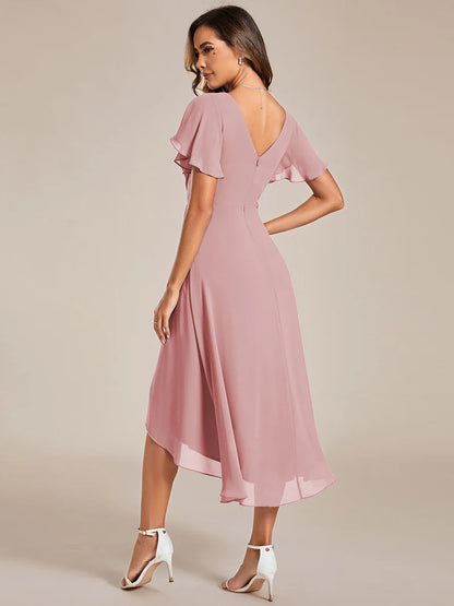 Elegant chiffon wedding guest dusty rose dress with pleated skirt and ruffle accents