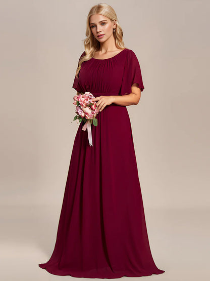 Burgundy elegant round neck bridesmaid dress with pleated skirt and flowy silhouette
