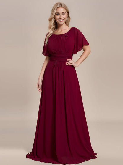Burgundy elegant round neck bridesmaid dress with pleated skirt and flowy silhouette