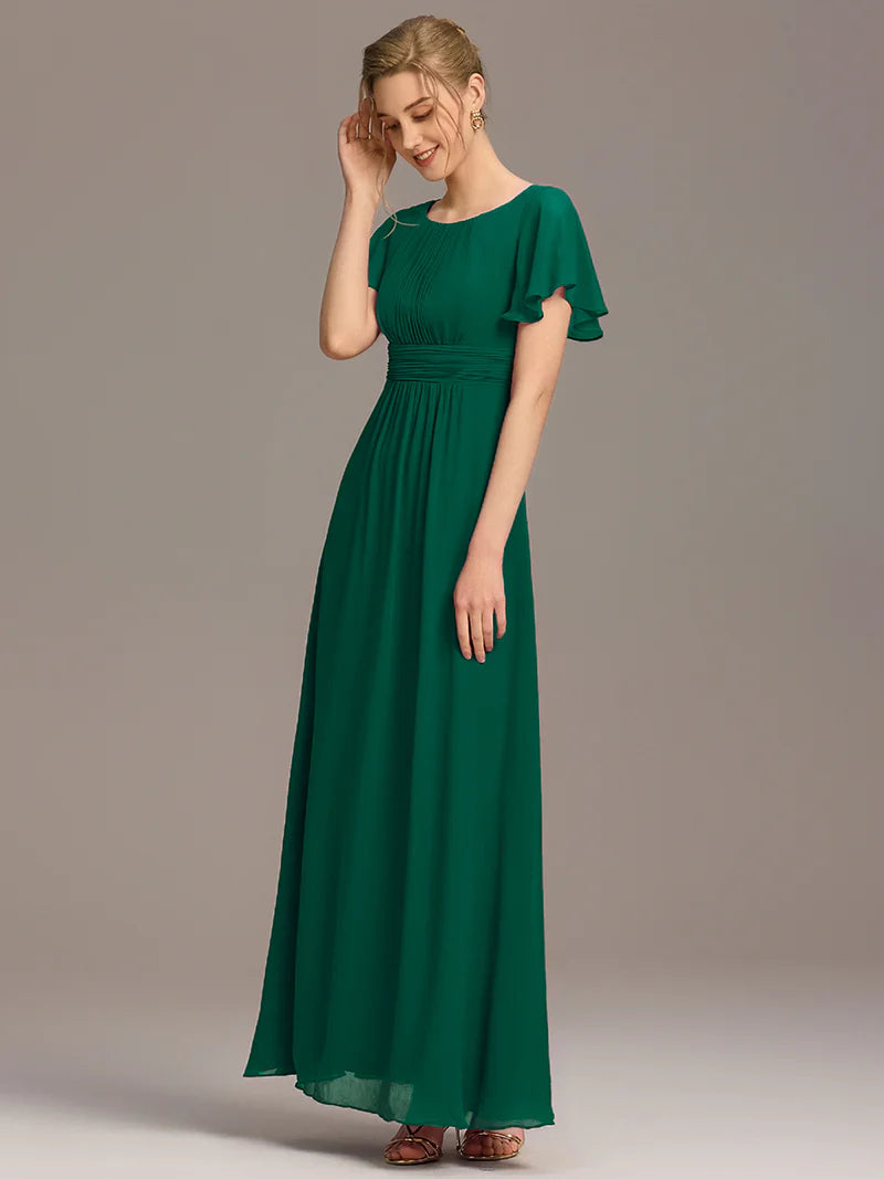 Dark green elegant round neck bridesmaid dress with pleated skirt and flowy silhouette