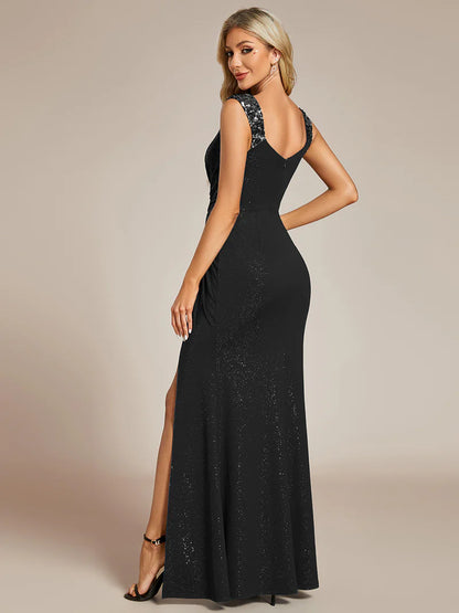 Elegant sequin V-neck evening black dress with high slit, perfect for formal occasions