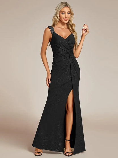 Elegant sequin V-neck evening black dress with high slit, perfect for formal occasions