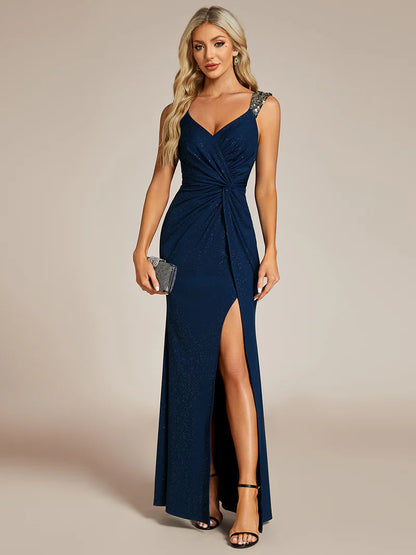 Elegant sequin V-neck evening black dress with high slit, perfect for formal occasions