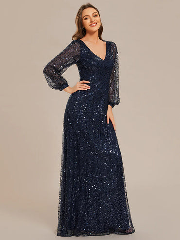 Elegant V-neck chiffon guest navy blue dress with long sleeves and a cinched waist