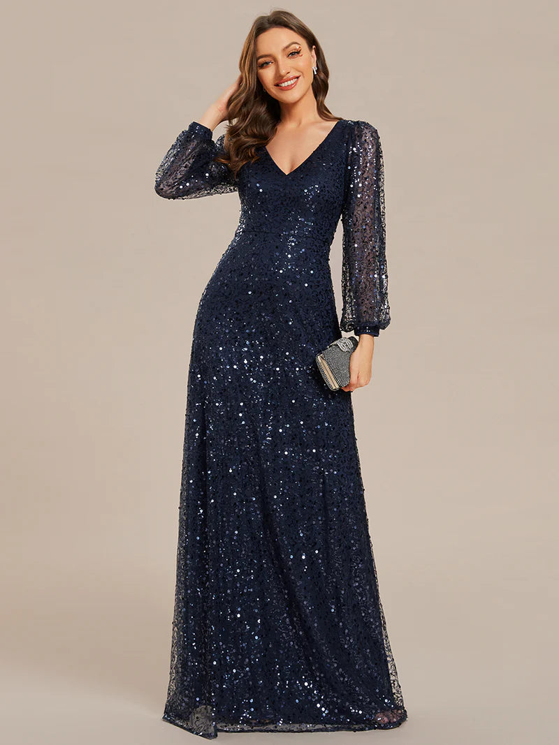 Elegant V-neck chiffon guest navy blue dress with long sleeves and a cinched waist