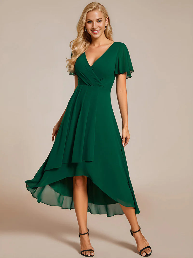 Elegant midi chiffon dark green dress with V-neck and ruffle sleeves, perfect for wedding guests