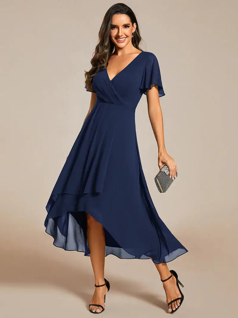 Elegant midi chiffon navy blue dress with V-neck and ruffle sleeves, perfect for wedding guests
