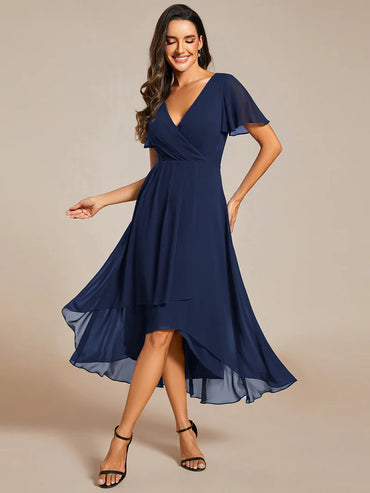 Elegant midi chiffon navy blue dress with V-neck and ruffle sleeves, perfect for wedding guests

