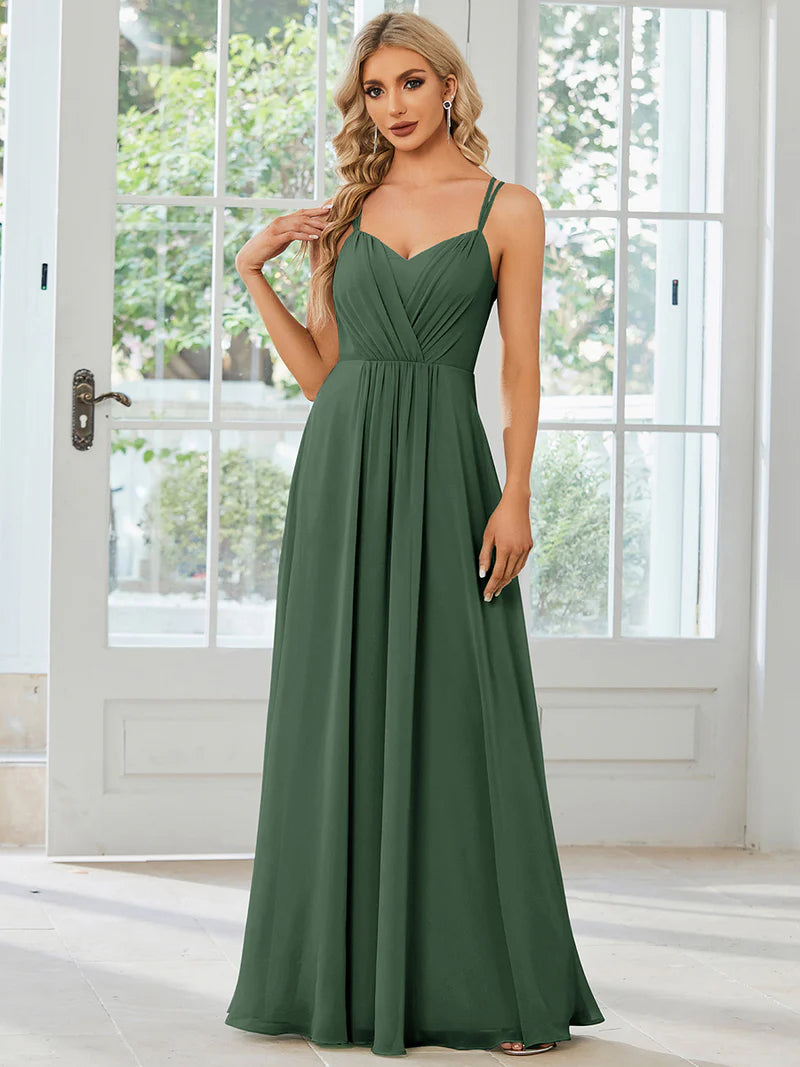 Eucalyptus Elegant chiffon bridesmaid dress with lace V-back and lightweight design