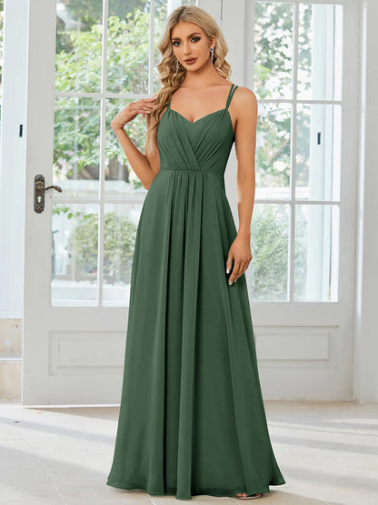 Eucalyptus Elegant chiffon bridesmaid dress with lace V-back and lightweight design