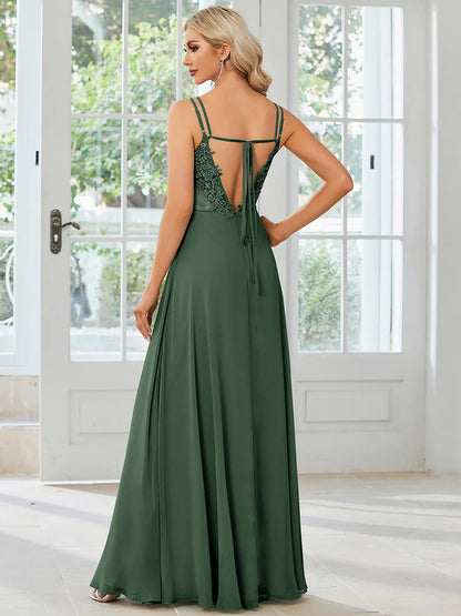 Eucalyptus Elegant chiffon bridesmaid dress with lace V-back and lightweight design