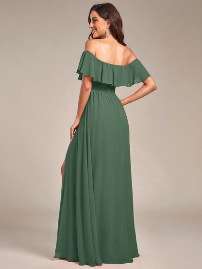 Eucalyptus bridesmaid dress with ruffle detailing and thigh-high split