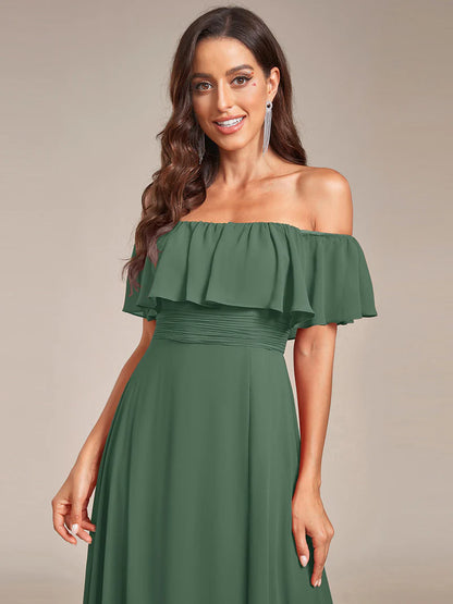 Eucalyptus bridesmaid dress with ruffle detailing and thigh-high split