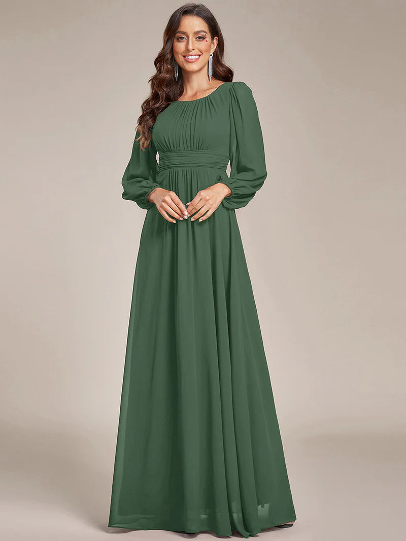 Elegant round neck eucalyptus bridesmaid dress with long lantern sleeves and full-length skirt