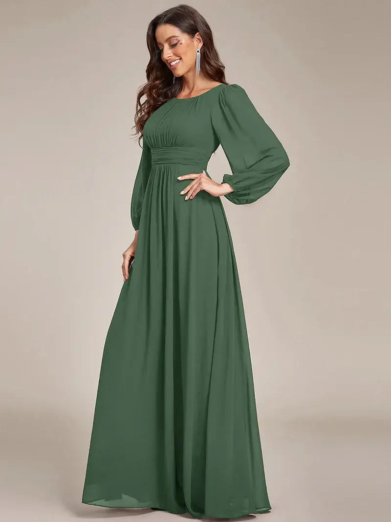 Elegant round neck eucalyptus bridesmaid dress with long lantern sleeves and full-length skirt