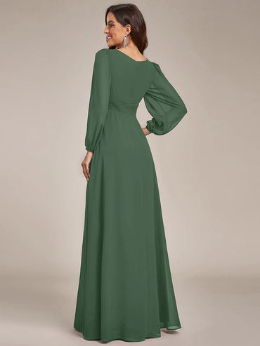Elegant round neck eucalyptus bridesmaid dress with long lantern sleeves and full-length skirt