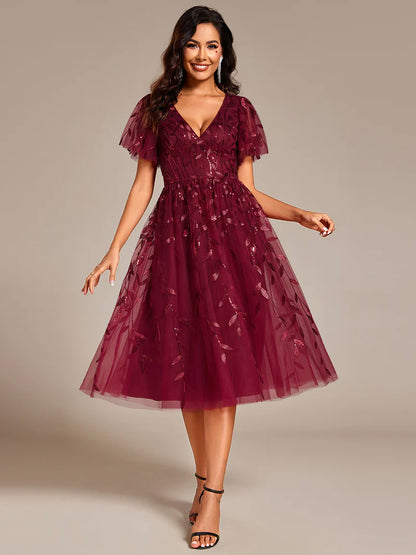 Exquisite Midi-Length Tulle Dress with Ruffled Sleeves, Sequins & Embroidery