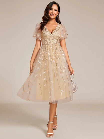 Exquisite Midi-Length Tulle Dress with Ruffled Sleeves, Sequins & Embroidery