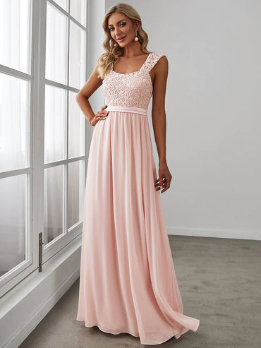 Elegant A Line Chiffon Pink Bridesmaid Dress With Lace Bodice