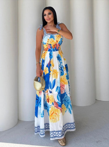 Floral maxi dress with shoulder tie straps, perfect for summer elegance and comfort