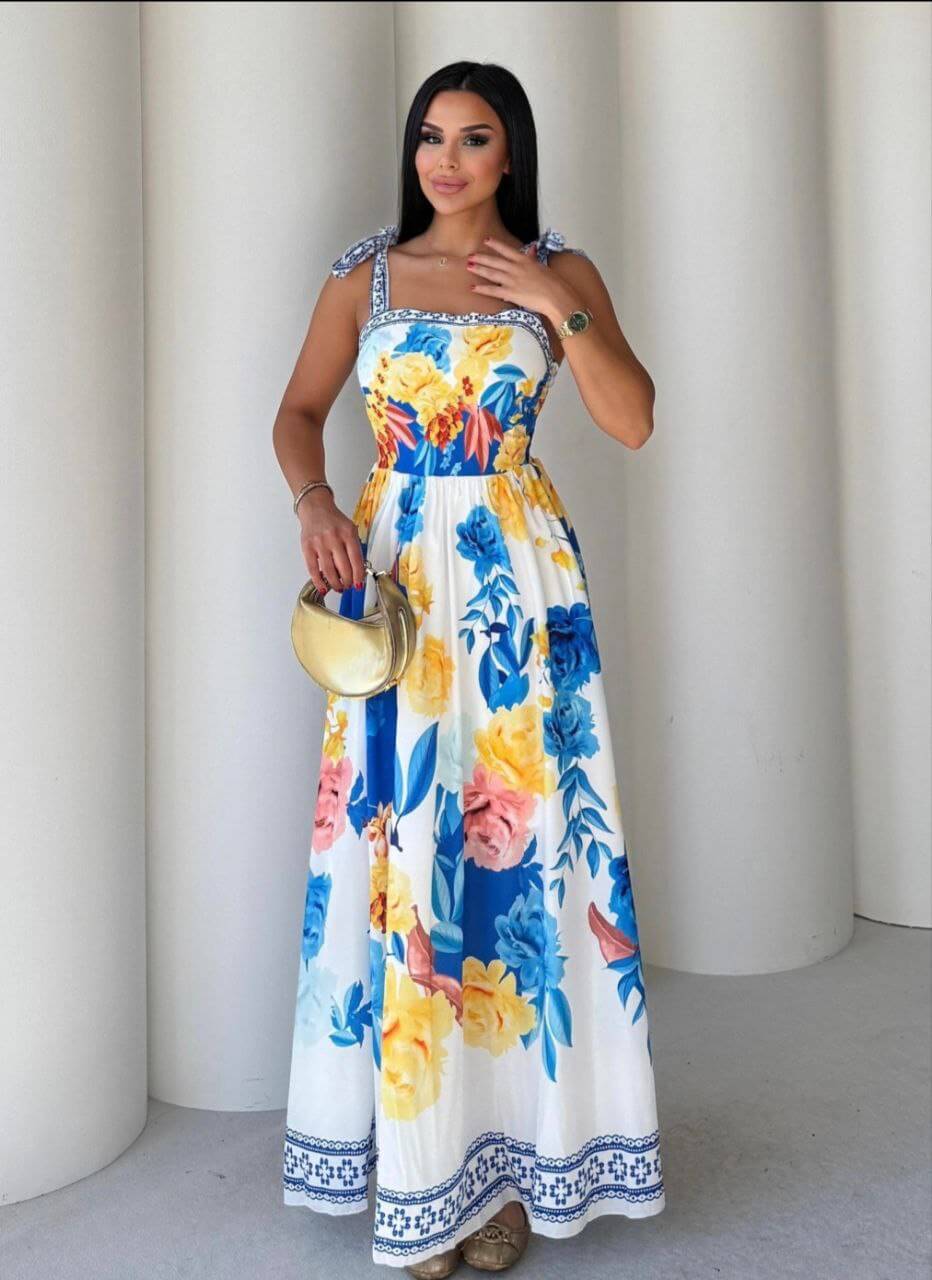 Floral maxi dress with shoulder tie straps, perfect for summer elegance and comfort